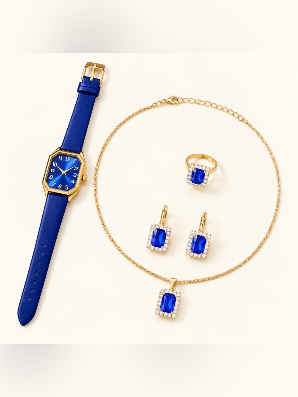 5-Piece Royal Blue & Gold Watch + Jewelry Set